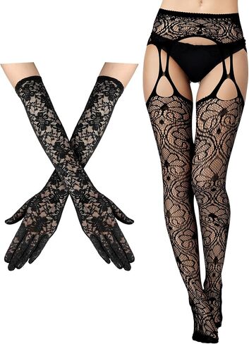 2 Pieces Suspender Pantyhose Long Floral Lace Gloves Stocking Fishnet Thigh Tights Garter Belt Stockings for Women, Black(Medium,Delicate Style) in Saudi Arabia