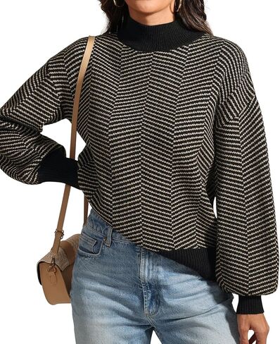 ATHMILE Womens Fashion Turtleneck Sweater Long Sleeve Plaid Ribbed Knit Loose Pullover Tops Trendy Office Outfits in Saudi Arabia