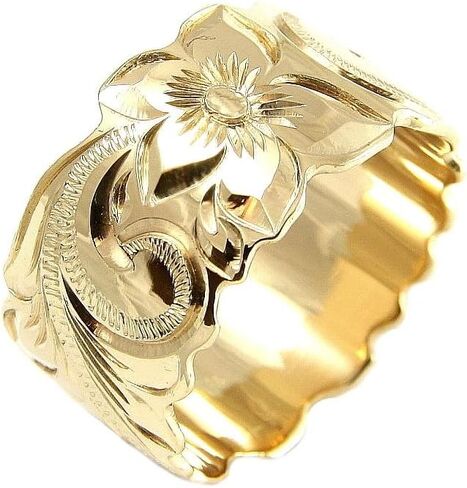 Arthur's Jewelry 14K yellow gold hand engraved Hawaiian plumeria scroll band ring cut out 10mm size 2 to 14 in Kuwait
