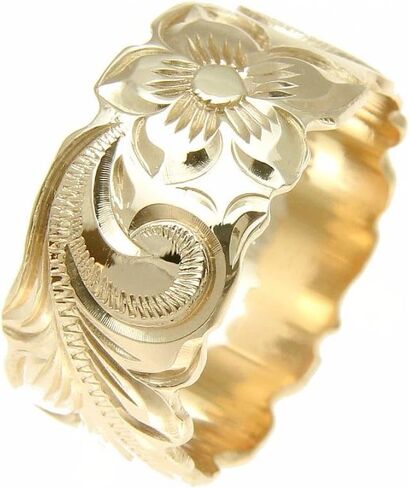 Arthur's Jewelry 14K yellow gold hand engraved Hawaiian plumeria scroll band ring cut out 10mm size 2 to 14 in Kuwait