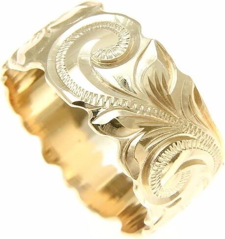 Arthur's Jewelry 14K yellow gold hand engraved Hawaiian plumeria scroll band ring cut out 10mm size 2 to 14 in Kuwait