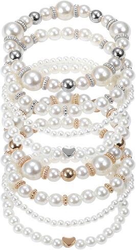 8 Pack Pearl Bracelets for Women Simulated Pearl Beaded Stackable Bracelet Set White Pearls Stretch Bracelet Set Multilayered Elastic Pearls Bracelets Bangles for Women Bridal Boho Jewelry in Saudi Arabia