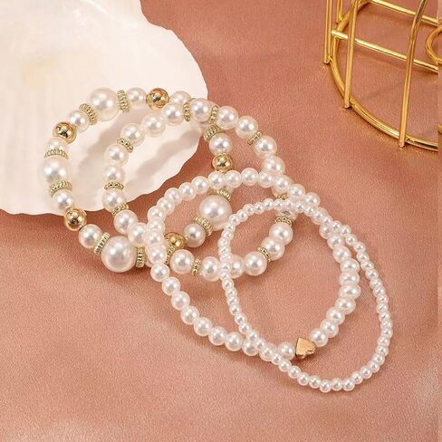 4Pcs Gold Silver Pink Layered Stretch Bracelets Set for Women,Elegant Pearl Stackable Heart Bracelets Women's Cute Summer Holidays Jewelry in Saudi Arabia