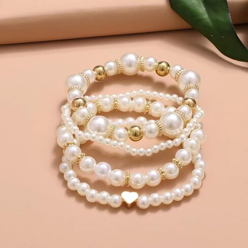 4Pcs Gold Silver Pink Layered Stretch Bracelets Set for Women,Elegant Pearl Stackable Heart Bracelets Women's Cute Summer Holidays Jewelry in Saudi Arabia