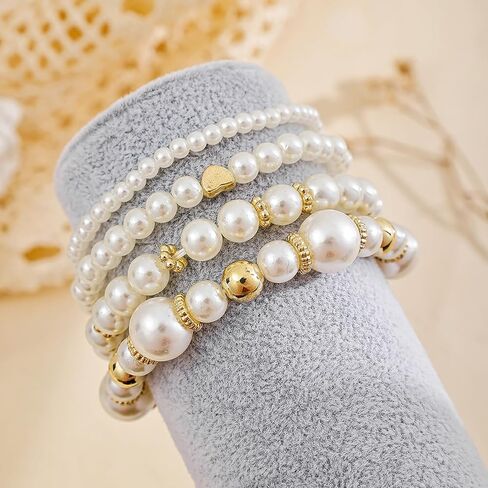 4Pcs Gold Silver Pink Layered Stretch Bracelets Set for Women,Elegant Pearl Stackable Heart Bracelets Women's Cute Summer Holidays Jewelry in Saudi Arabia