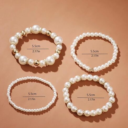 4Pcs Gold Silver Pink Layered Stretch Bracelets Set for Women,Elegant Pearl Stackable Heart Bracelets Women's Cute Summer Holidays Jewelry in Saudi Arabia