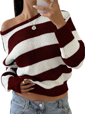 Verdusa Striped Off The Shoulder Sweater Oversized Sweaters Long Sleeve Y2K Loose Knitted Pullovers in Saudi Arabia
