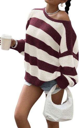 Verdusa Striped Off The Shoulder Sweater Oversized Sweaters Long Sleeve Y2K Loose Knitted Pullovers in Saudi Arabia