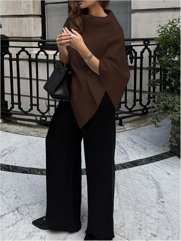 MakeMeChic Women's Poncho Sweater Boat Neck Asymmetrical Business Pullover Knit Top in Kuwait