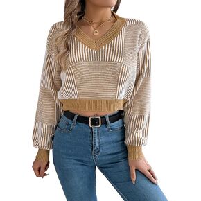 ZAFUL Women's Cropped Sweater Striped V-Neck Long Sleeve Sweater Pullover Jumper Knit Top in Saudi Arabia