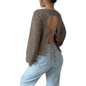 MakeMeChic Women's Open Back Sweater Tie Backless Long Sleeve Crew Neck Y2K Knit Tops in Saudi Arabia