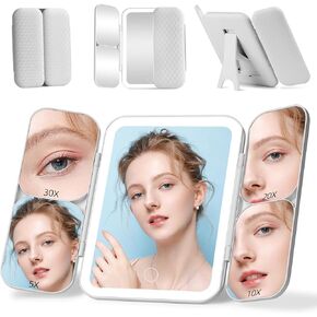 مرآة مكياج ثلاثية الطي مع ضوء، مرآة مكبرة للمكياج 1X/5X/10X/20X/30X مع أضواء، مرآة مكياج للسفر قابلة لإعادة الشحن مع حامل قابل للطي، قابلة للتعتيم بثلاثة ألوان، تحكم باللمس in Kuwait