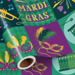 RUSPEPA Mardi Gras Wrapping Paper Roll, Mini Roll, Carnival Season Present Gift Wrap with Fleur-de-lis Great for Mardi Gras Party, Masquerade and Carnival Holiday, New Orleans, 17 Inches x 16.4 Feet in Kuwait