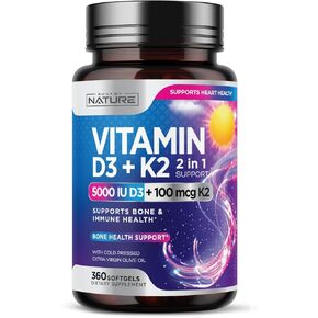 Built by Nature Vitamin D3 K2 with Cold Pressed Extra Virgin Olive Oil – 5000 IU Vitamin D, 100mcg Vitamin K MK-7 Supplement – Easy to Swallow Mini Soft Gels - 1 Year Supply - 360 Softgels in Kuwait