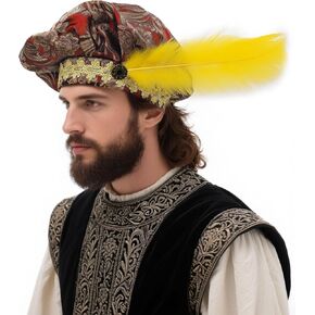 Medieval Beret Tudor Cap with Feather Renaissance Hat Muffin Bard Cosplay Costume Accessory in Kuwait