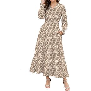 Women’s Long Sleeve Floral Maxi Dress with Smocked Waist V Neck Tiered Boho Dress Casual Loose Fit Elegant Dresses in Kuwait