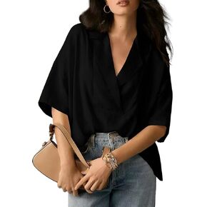بلوزات نسائية VNIRA كبيرة الحجم بأكمام قصيرة وياقة على شكل V وياقة على شكل حرف V وفضفاضة للأعمال العصرية وأزرار للأسفل in Kuwait