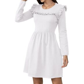 Jayscreate Women's Thick Winter Sweater Dress Elastic Waist Pocket Ruffle Shoulder 2025 Long Sleeve Business Casual Dress in Saudi Arabia