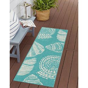 Rugs.com Outdoor Coastal Collection Rug – 2' x 6' Runner Teal Flatweave Rug Perfect for Hallways, Entryways in Saudi Arabia