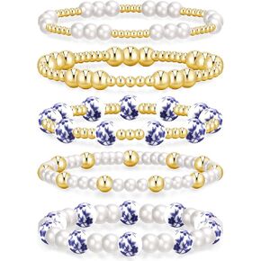 iF YOU Gold Beaded Bracelets for Women, Gold Pearl Bead Bracelet Stack 14K Gold Plated, Trendy Stackable Stretch Ball Bracelet Set Jewelry in Kuwait