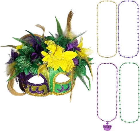قناع Mardi Gras Askfits مع مجموعات قلادة الخرز للنساء ملحقات زي Party Party Parade in Kuwait
