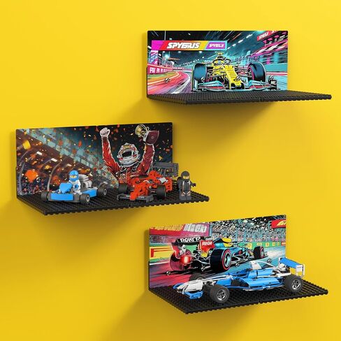 أرفف BlissBox العائمة المكونة من 6 عبوات للجدار المتوافقة مع مكعبات بناء Lego، ولوحة خلفية لموضوع سيارة السباق، وأزرار مزدوجة الجوانب مقاس 5 × 5.5 بوصة مقاس 16 × 17 لتخزين وعرض مكعبات الألعاب، باللون الأسود in Kuwait