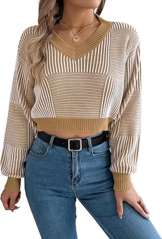 ZAFUL Women's Cropped Sweater Striped V-Neck Long Sleeve Sweater Pullover Jumper Knit Top in Saudi Arabia