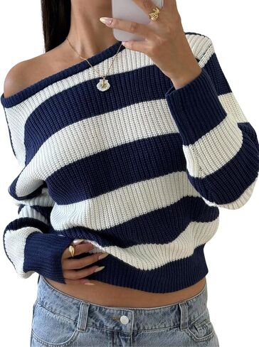 Verdusa Striped Off The Shoulder Sweater Oversized Sweaters Long Sleeve Y2K Loose Knitted Pullovers in Saudi Arabia