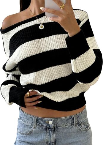 Verdusa Striped Off The Shoulder Sweater Oversized Sweaters Long Sleeve Y2K Loose Knitted Pullovers in Saudi Arabia