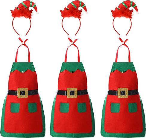 Handepo 3 Pack Bulk Christmas Elf Apron and Headband Set Christmas Costume Apron and Hat Headband in Saudi Arabia