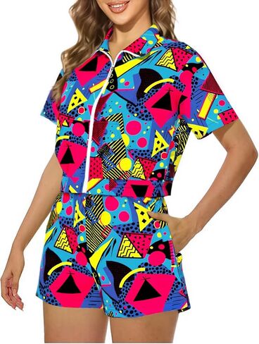 BANGELY 80s 90s Outfits women 2 Piece Tracksuit Party Disco Shirt Vintage Neon Tee Hawaiian Button Down Short Sleeve Tops in Saudi Arabia