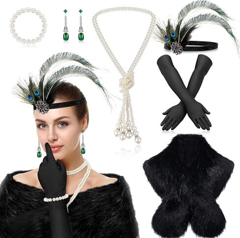 20s Flapper Accessories for Women 1920s Costume Accessories Set Halloween Fur Faux Scarf Headpiece Necklace Earrings Gloves(Modern) Multicolored in Saudi Arabia