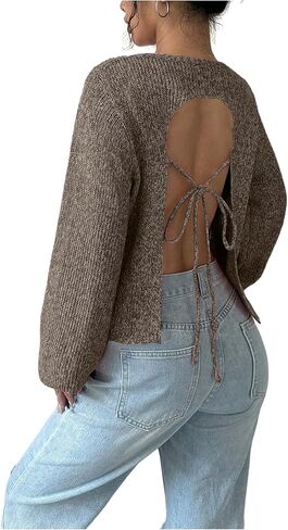 MakeMeChic Women's Open Back Sweater Tie Backless Long Sleeve Crew Neck Y2K Knit Tops in Saudi Arabia