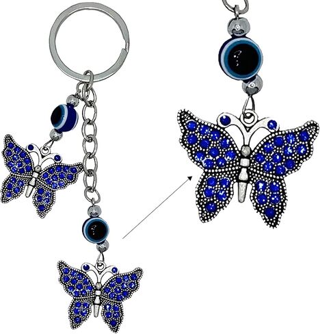LUCKBOOSTIUM Evil Eye Keychain for Women - Blue Butterfly Charm with Rhinestones, Purse Accessory, Bag Decoration, Rearview Mirror Ornament, Home Décor, Car Hanging Accessory, Spiritual Gift in Kuwait