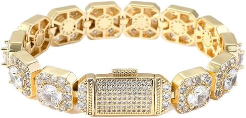 14K Gold 13mm Hip-Hop Bracelet with Rock Sugar Moissanite and Flip Clasp, Unisex Gift in Saudi Arabia