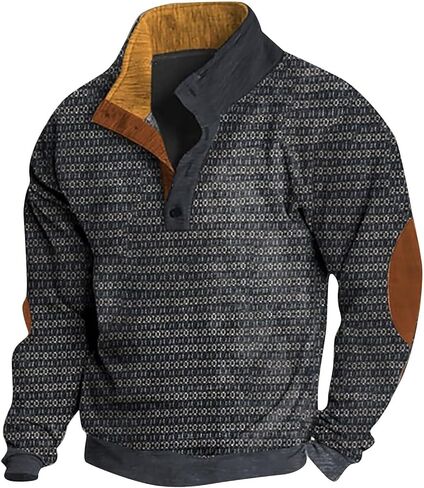 Mens Sweatshirts Knit Pullover Sweatshirt Casual Long Sleeve Shirts Elbow Patches Thermal Loose Button Fall Sweater in Saudi Arabia