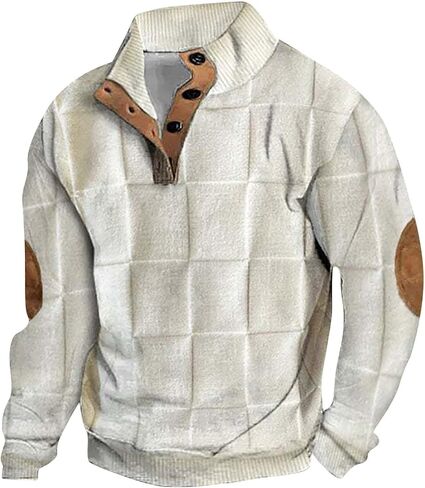 Mens Sweatshirts Knit Pullover Sweatshirt Casual Long Sleeve Shirts Elbow Patches Thermal Loose Button Fall Sweater in Saudi Arabia