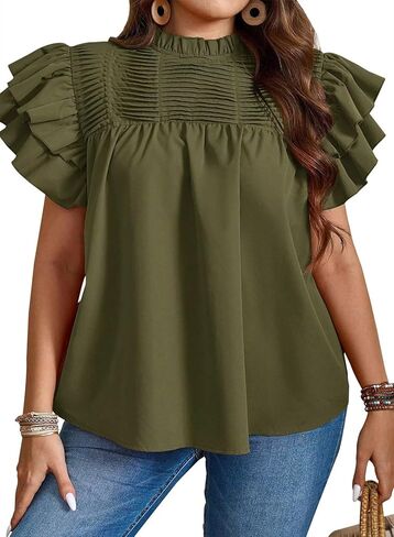 Women's Dressy Casual Tops Ruffle Cap Sleeves Work Blouses Pleated Mock Neck Shirts Outfits M-5XL in Saudi Arabia