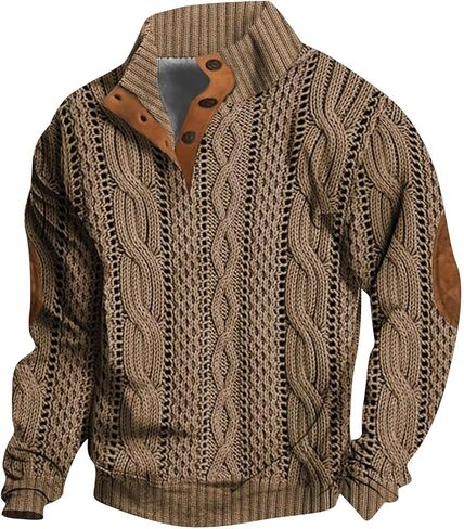 Mens Sweatshirts Knit Pullover Sweatshirt Casual Long Sleeve Shirts Elbow Patches Thermal Loose Button Fall Sweater in Saudi Arabia