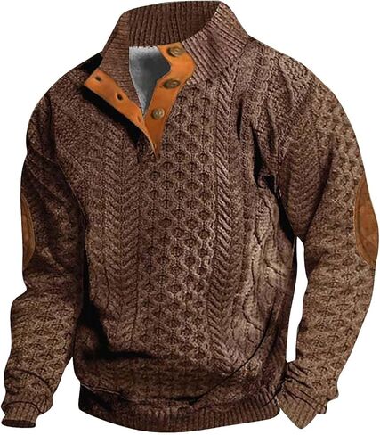Mens Sweatshirts Knit Pullover Sweatshirt Casual Long Sleeve Shirts Elbow Patches Thermal Loose Button Fall Sweater in Saudi Arabia