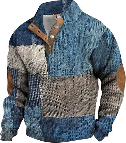 Mens Sweatshirts Knit Pullover Sweatshirt Casual Long Sleeve Shirts Elbow Patches Thermal Loose Button Fall Sweater in Saudi Arabia