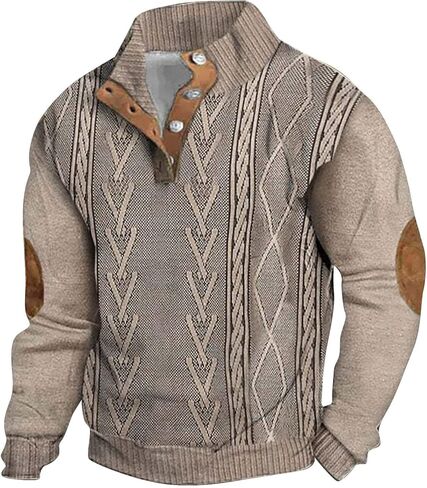 Mens Sweatshirts Knit Pullover Sweatshirt Casual Long Sleeve Shirts Elbow Patches Thermal Loose Button Fall Sweater in Saudi Arabia