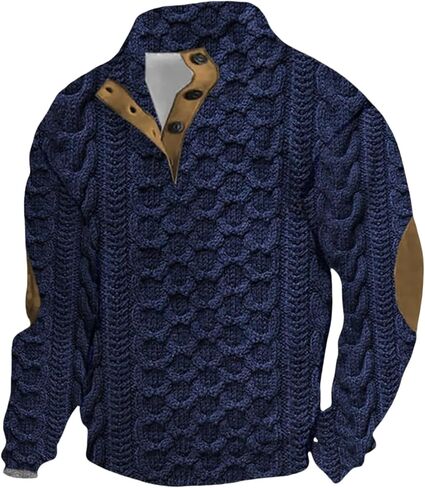 Mens Sweatshirts Knit Pullover Sweatshirt Casual Long Sleeve Shirts Elbow Patches Thermal Loose Button Fall Sweater in Saudi Arabia