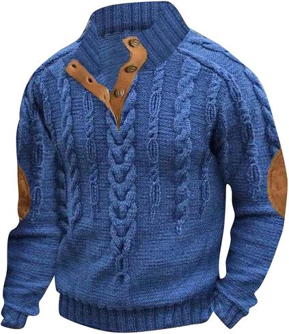 Mens Sweatshirts Knit Pullover Sweatshirt Casual Long Sleeve Shirts Elbow Patches Thermal Loose Button Fall Sweater in Saudi Arabia