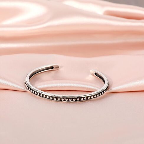 Vintage Cuff Bracelet Bangle, White Copper Plated with Silver Adjustable Open Bangle with Carved Dot Design Handcrafted Jewelry Gift Accessory for Woman in Saudi Arabia
