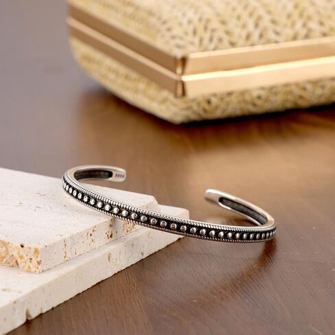 Vintage Cuff Bracelet Bangle, White Copper Plated with Silver Adjustable Open Bangle with Carved Dot Design Handcrafted Jewelry Gift Accessory for Woman in Saudi Arabia