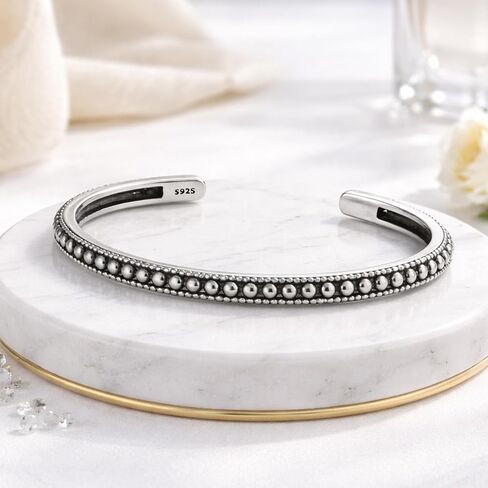 Vintage Cuff Bracelet Bangle, White Copper Plated with Silver Adjustable Open Bangle with Carved Dot Design Handcrafted Jewelry Gift Accessory for Woman in Saudi Arabia