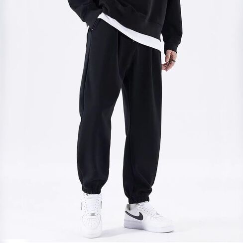 Men's Black Cuffed Sweatpants, Loose Elastic Waist Joggers Suitable for Daily Wear in Saudi Arabia