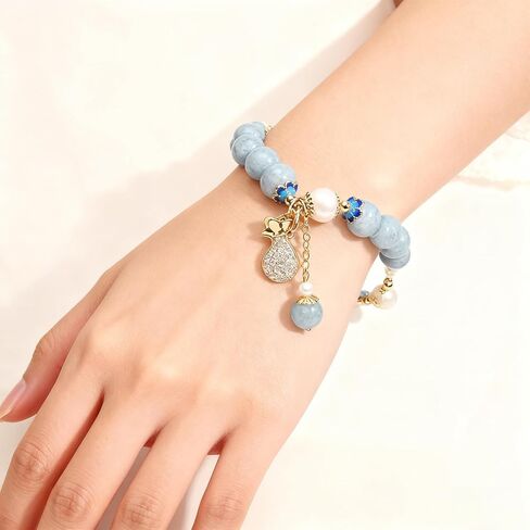 RITIM Natural Aquamarine Bracelet for Women, Lucky Charm Healing Crystal Stone Bracelet with Pearl, Positive Energy Good Luck Jewelry Gift for Friends, Sister, Daughter, Her in Saudi Arabia