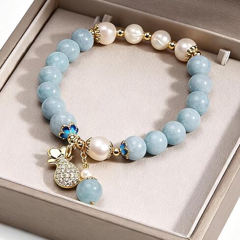 RITIM Natural Aquamarine Bracelet for Women, Lucky Charm Healing Crystal Stone Bracelet with Pearl, Positive Energy Good Luck Jewelry Gift for Friends, Sister, Daughter, Her in Saudi Arabia